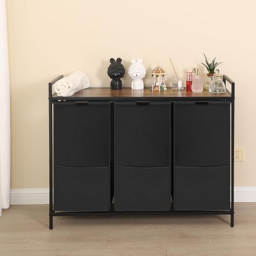 Miniatura 5 de Cesta de lavandería con bolsas grandes extraíbles, capacidad de 3 x 18.5 galones, clasificador de ropa impermeable para lavar la ropa, 1 estante de