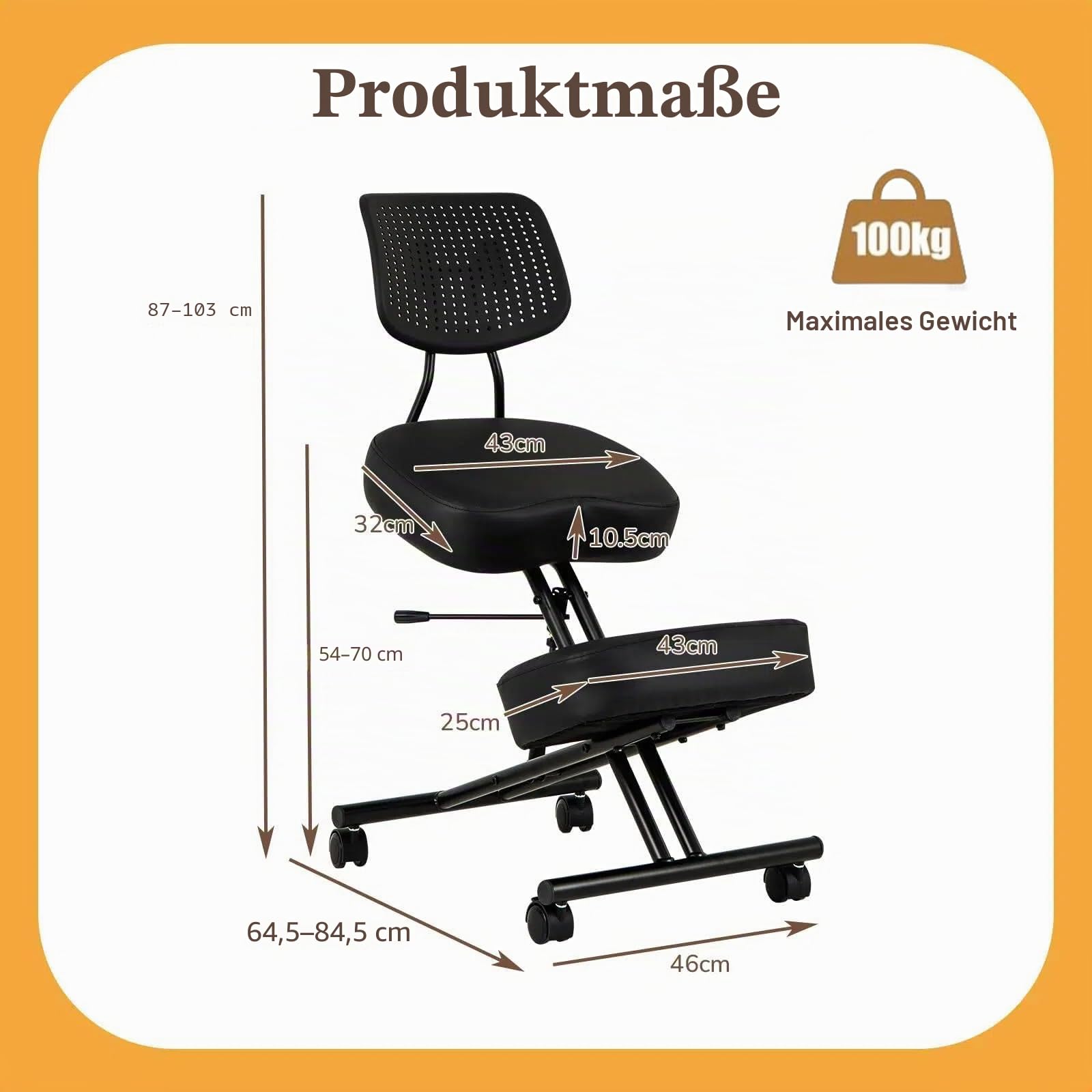 GIANTEX Kniestuhl Ergonomisch, Kniehocker mit Rückenlehne, 4 Rädern und Kniestütze, höhenverstellbar Rollhocker zur Korrektur der Sitzhaltung, bis 110 kg Belastbar