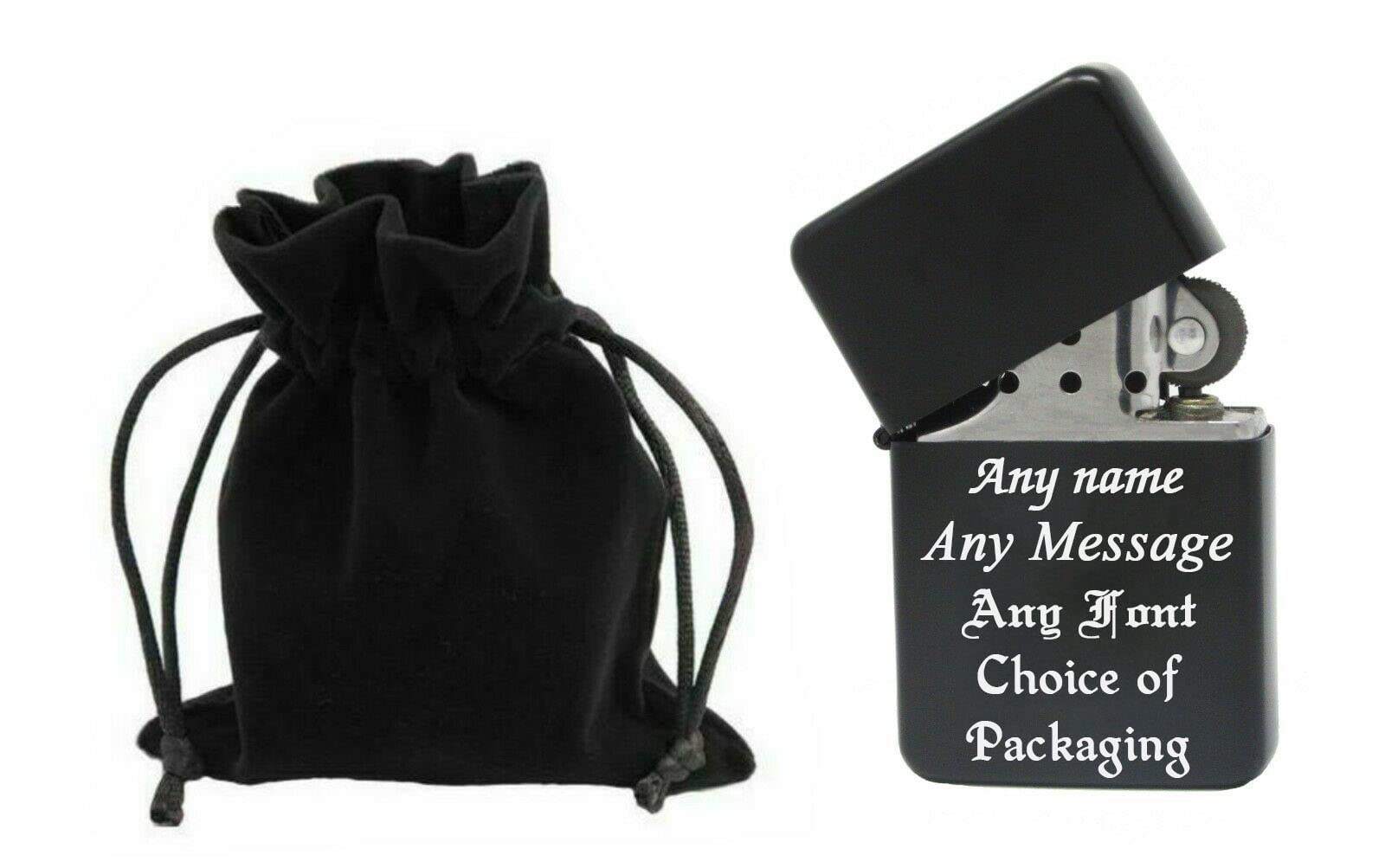 Larryroo Black Personalised Engraved Gloss Lighter, With A Choice Of Packaging & Fonts - Personalise With Any Message & Any (Pouch Packaging)