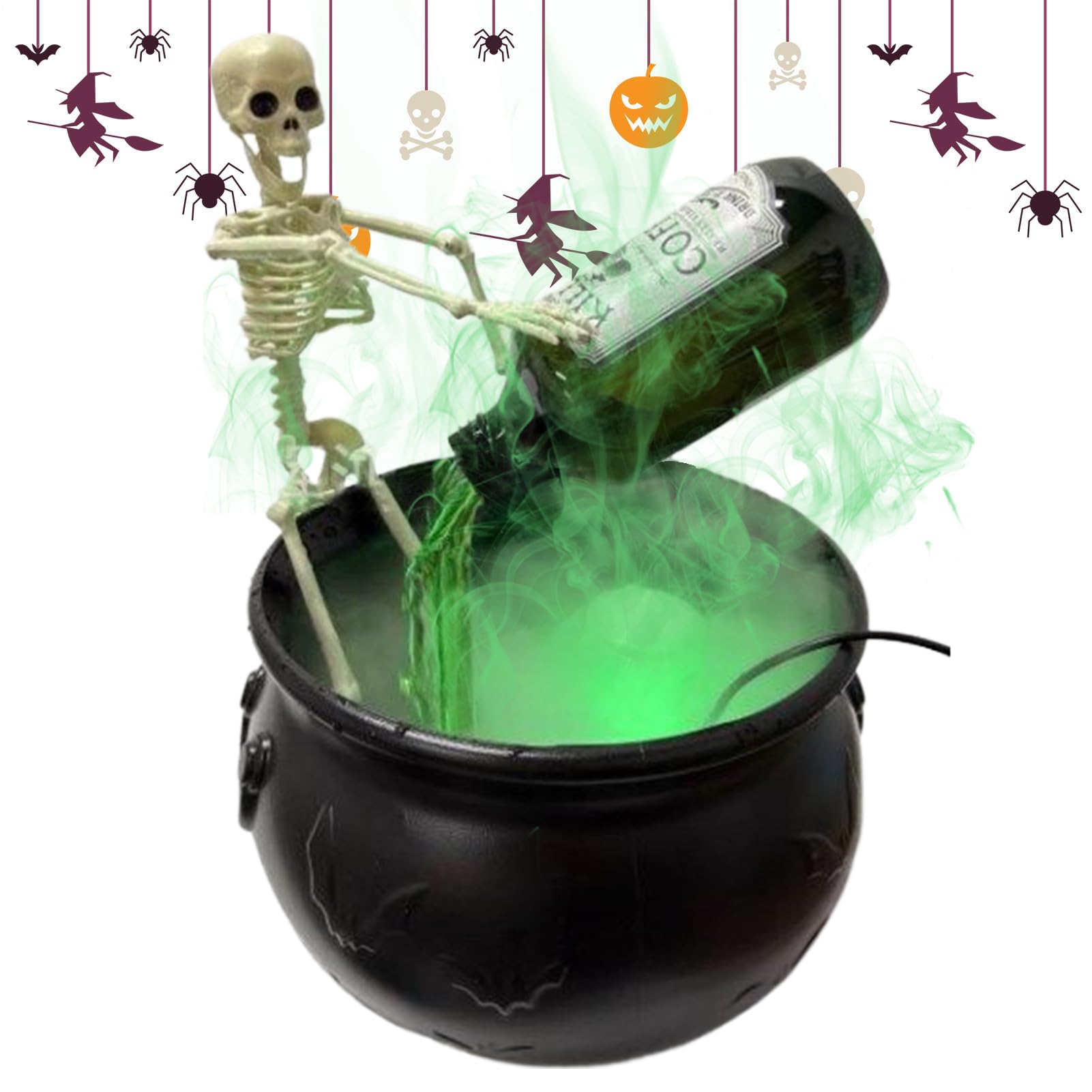 Chaudron de sorcière Halloween avec bouteille flottante et guide d'horreur