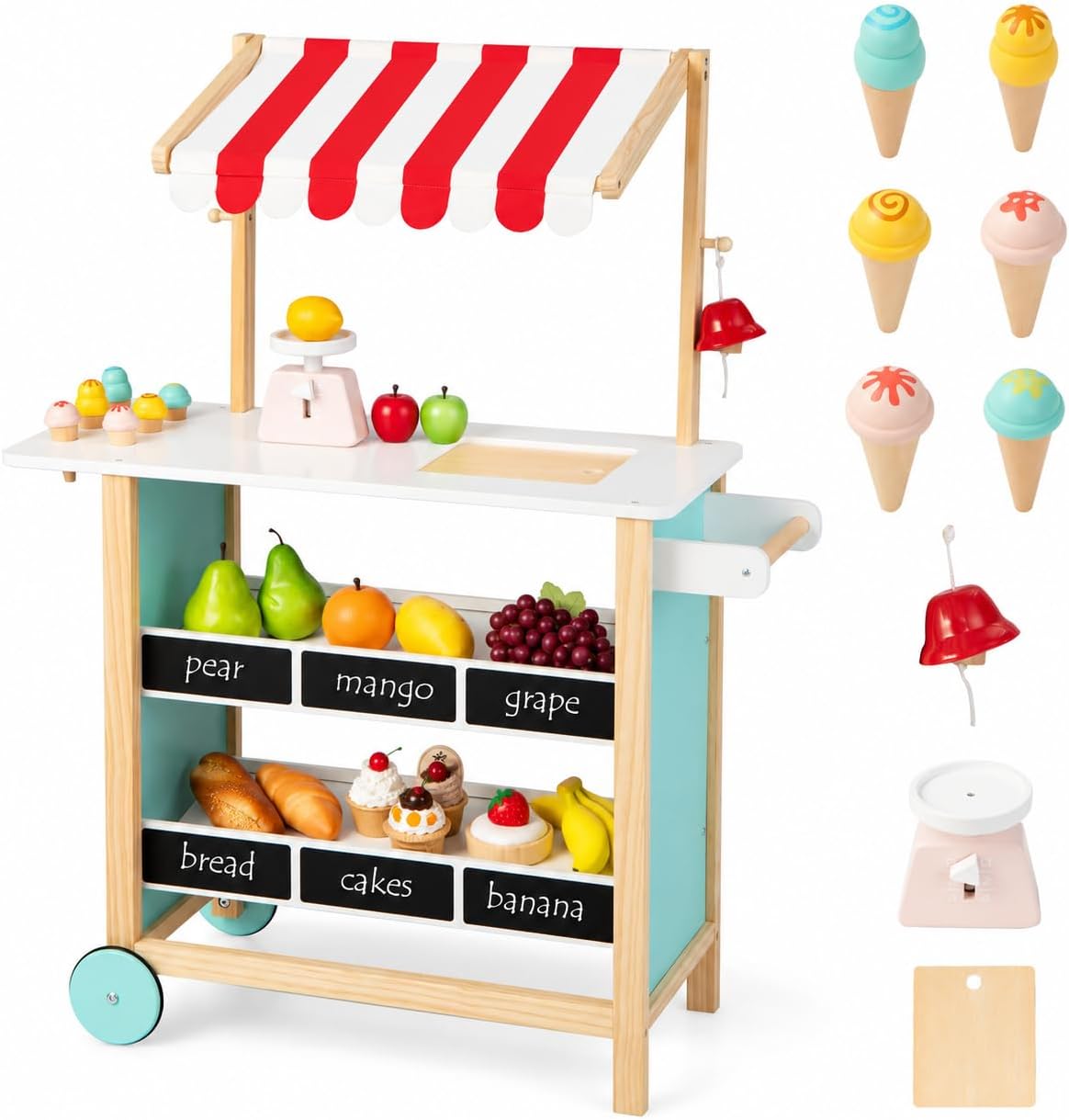 HONEY JOY Kids Ice Cream Cart, Wooden Grocery Store Playset w/6 Pieces Play Food, Realistic Bell & Food Scale, Chalkboard, Pretend Play Dessert Shop Counter Stand Truck, Gift for Boys Girls