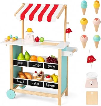 HONEY JOY Kids Ice Cream Cart, Wooden Grocery Store Playset w/6 Pieces Play Food, Realistic Bell & Food Scale, Chalkboard, Pretend Play Dessert Shop Counter Stand Truck, Gift for Boys Girls