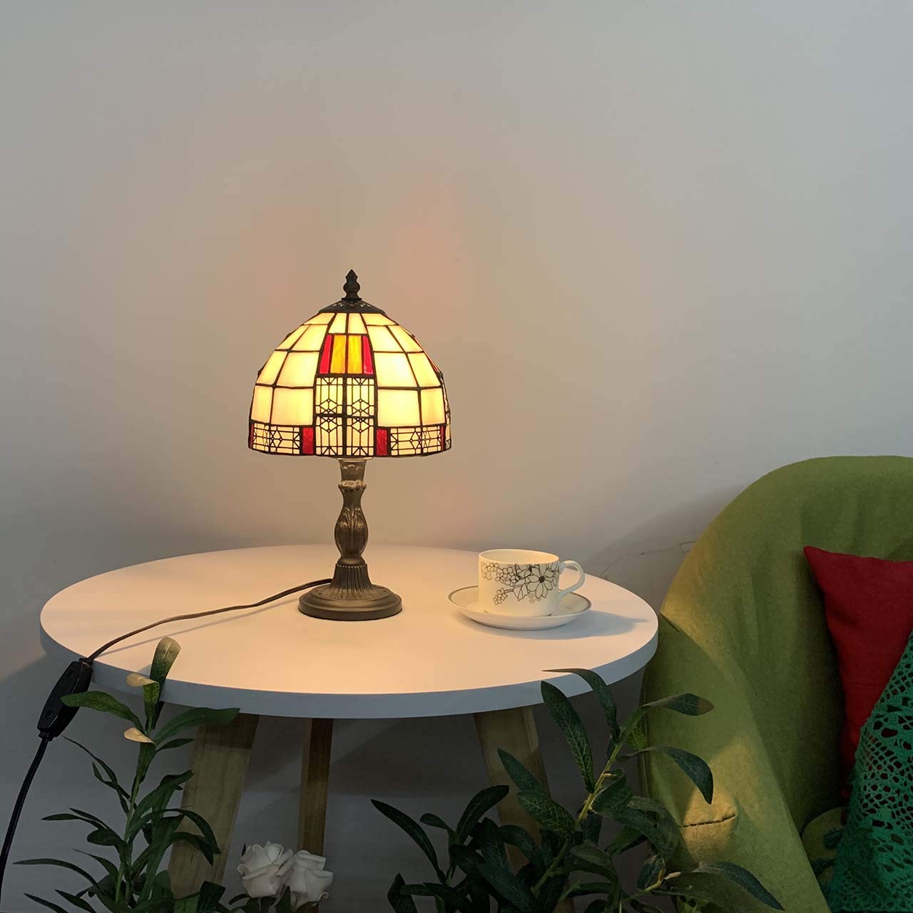 Bieye L10728 Color Block Tiffany Style Stained Glass Table Lamp with 8-inch Wide Lampshade for Bedside Bedroom Living Room 13 H product thumbnail 6