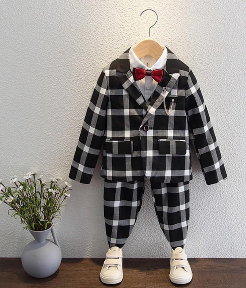 Jungen Karierter dreiteiliger Anzug Formeller täglicher One Button Peak Jacke Weste Hose Smoking