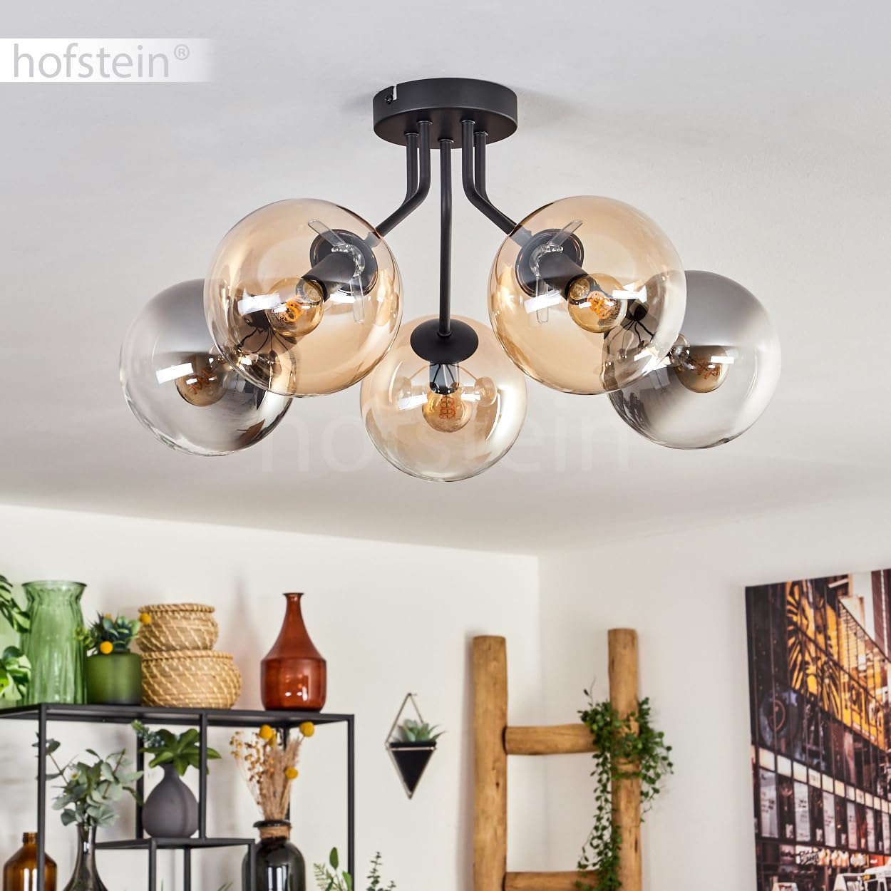 Plafoniera Gastor, lampada da soffitto in metallo/vetro nero/ambra/trasparente/fumo/trasparente, design retrò/vintage con ombrelli in vetro (Ø 15 cm), 5 lampadine E27, senza lampadina