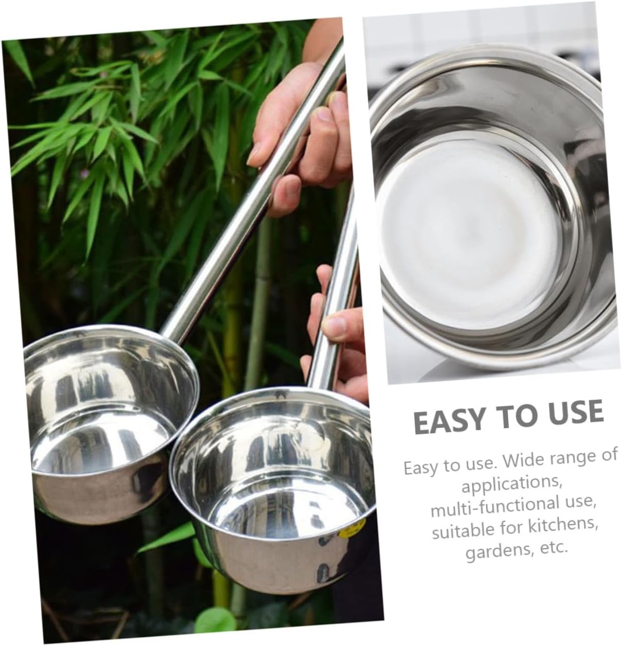 GARVALON Stainless Steel Water Ladle Thickened Medium Size Long Handle Kitchen Water Scoop Practical Serving Soup Spoon for Home Cooking