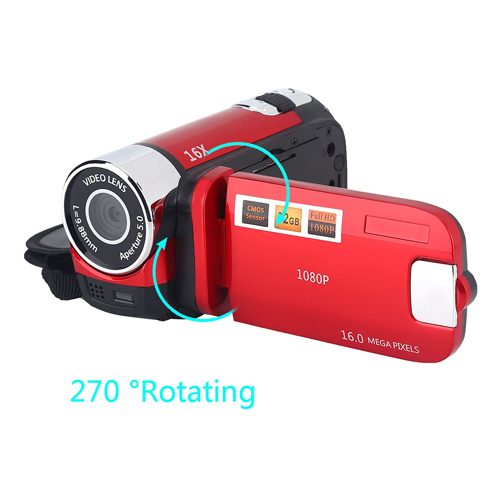 Ejoyous Digitaler Camcorder, 16X Full HD Videokamera High Definition Videokamera mit 270 Grad Drehbildschirm Unterstützt Fotografie und Video mit 2,7-Zoll Display für Home Party Camping (Rot)