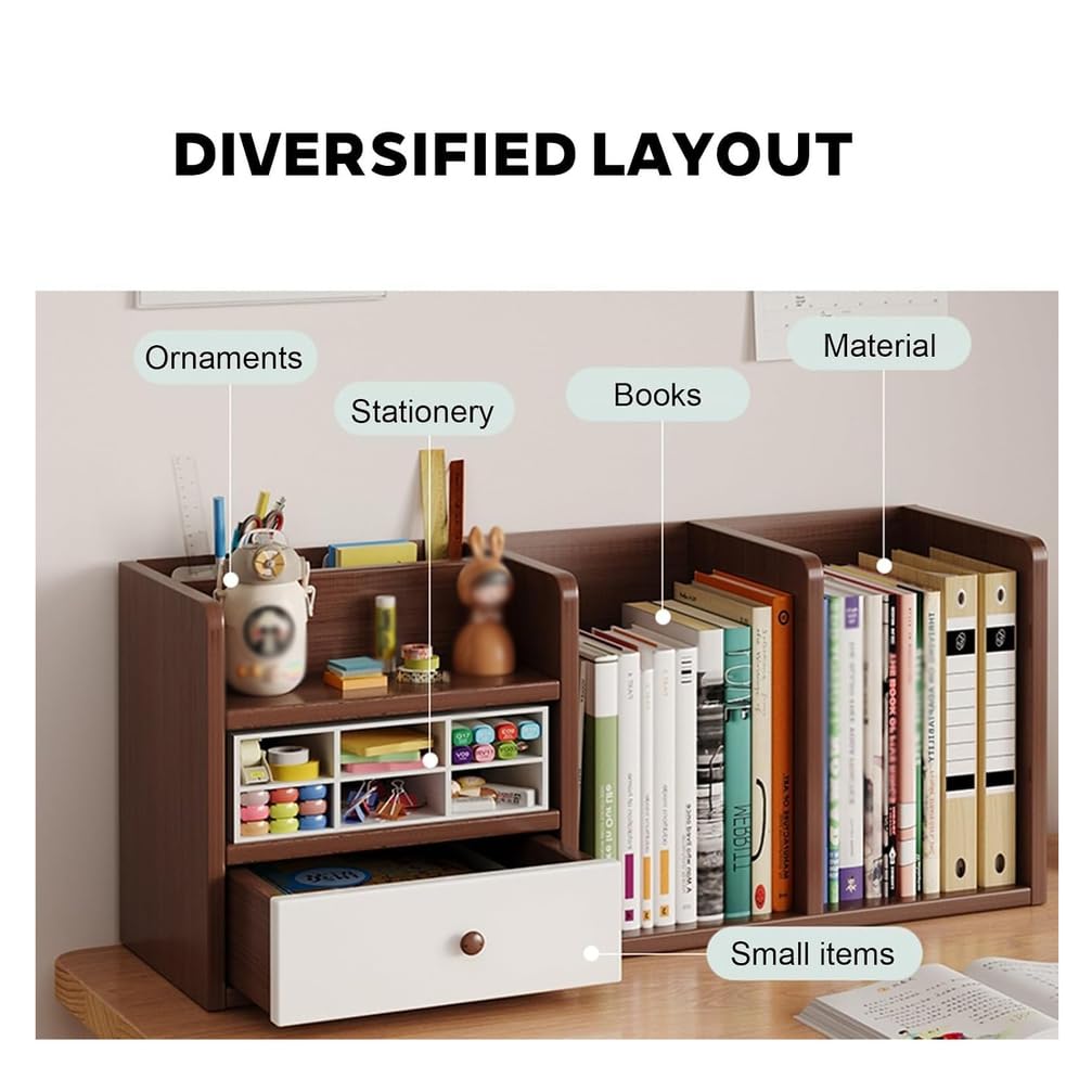 Biurkowy regał na książki i organizer – kompaktowy stojak na książki na blat – oszczędzający miejsce regał do domowego biura,Wood color,B