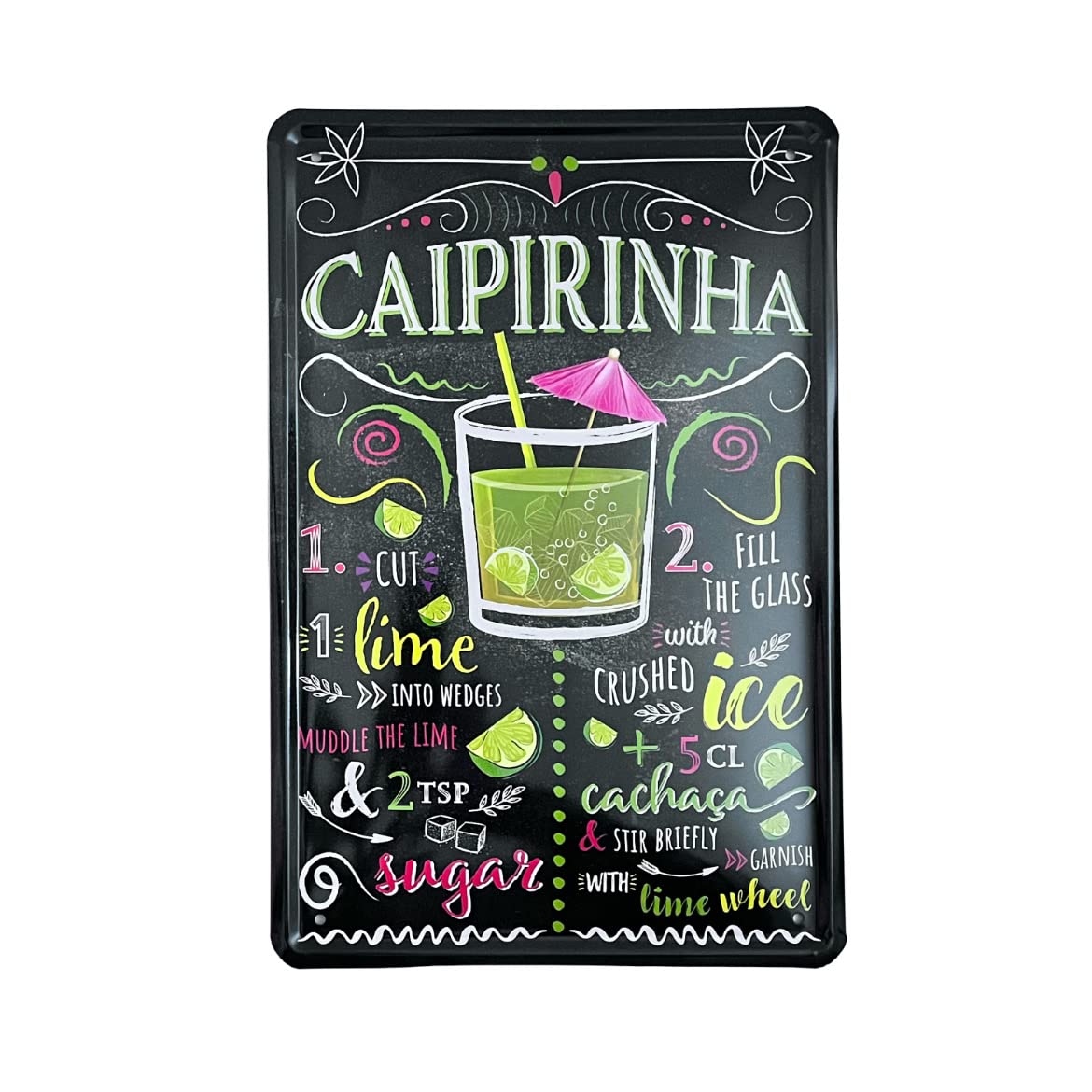 Metal Tin Sign - Caipirinha Cocktail Recipe - Wall Plaque Retro Vintage 30X20 Cm Decorative For Bar Pub Dining Room Kitchen Bedroom Office Garage Funny Stylish Gift