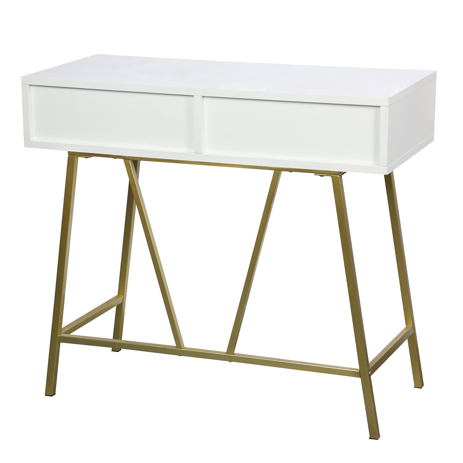 Anmytek Modern Home Office Desk, 35.4 Inch Makeup Vanity Table White Study Desk 2 Drawers Writing Desk Computer Desk with Golden Legs, D0002