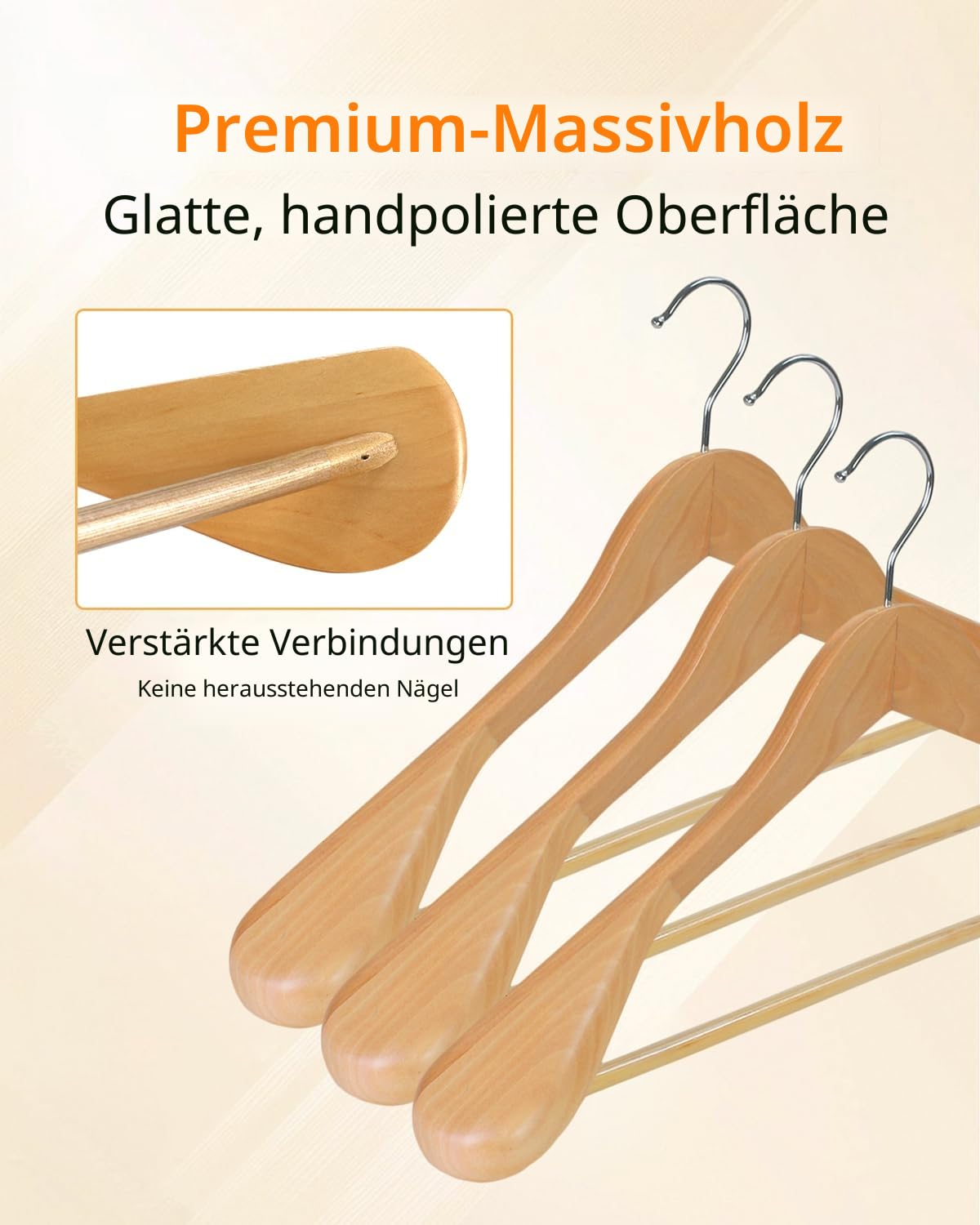 Kleiderbügel Holz 10 Stück – Breite Schulterbügel aus Naturholz, rutschfest & Stabil mit Hosenstange und 360° Drehbarem Haken, Anzugbügel für Jacken, Hemden & Mäntel