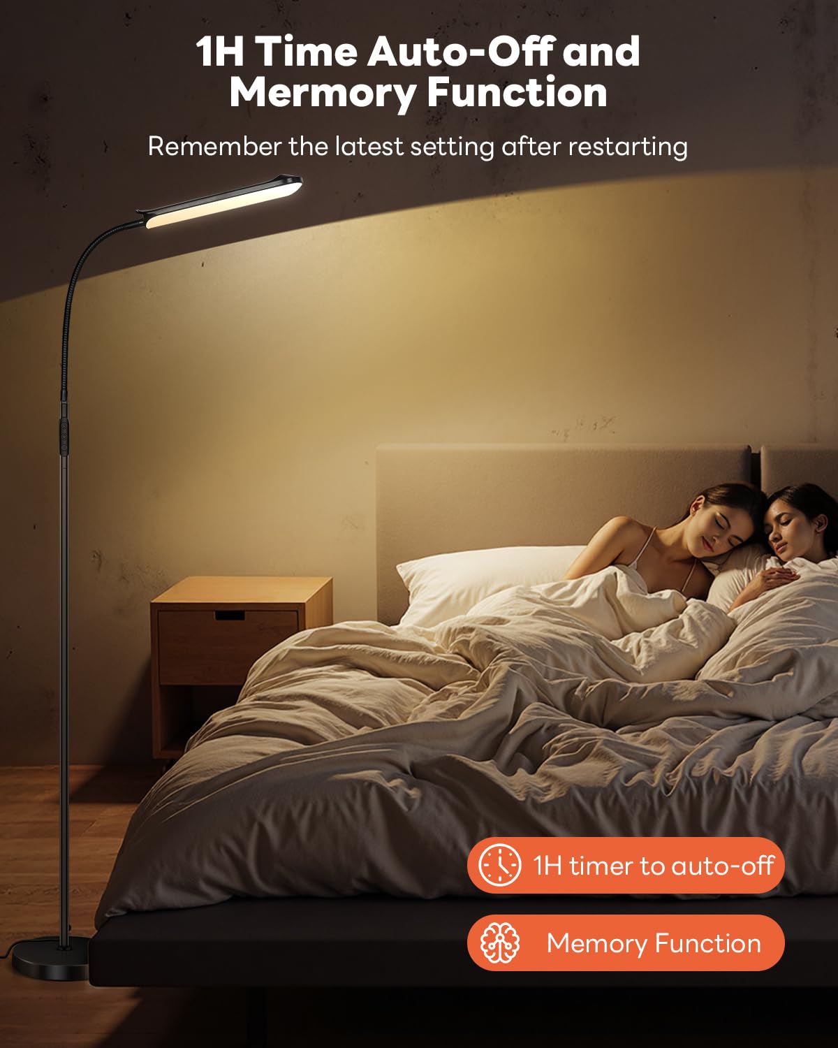 Lampa podłogowa LED 18 W, 1800LM ściemniana (2700K-6500K) Elastyczna łabędzia szyja, wysokość 175 cm, magnetyczne sterowanie i sterowanie dotykowe, lampa do czytania do salonu, czarna