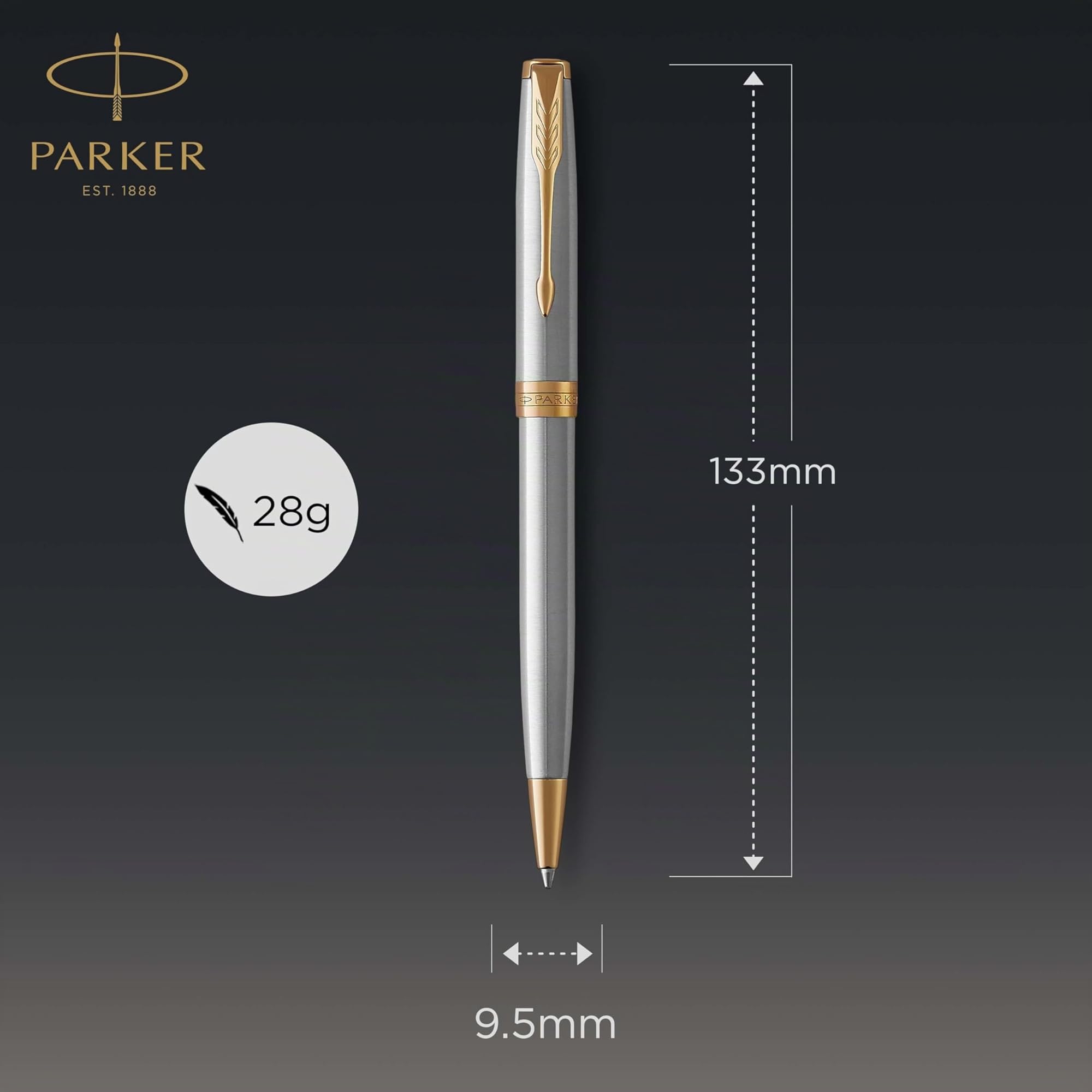 Parker Sonnet Kugelschreiber | Edelstahl mit Goldzierteilen | Mittlere Spitze | schwarze Tinte | Schulsachen und bürobedarf | Geschenkbox
