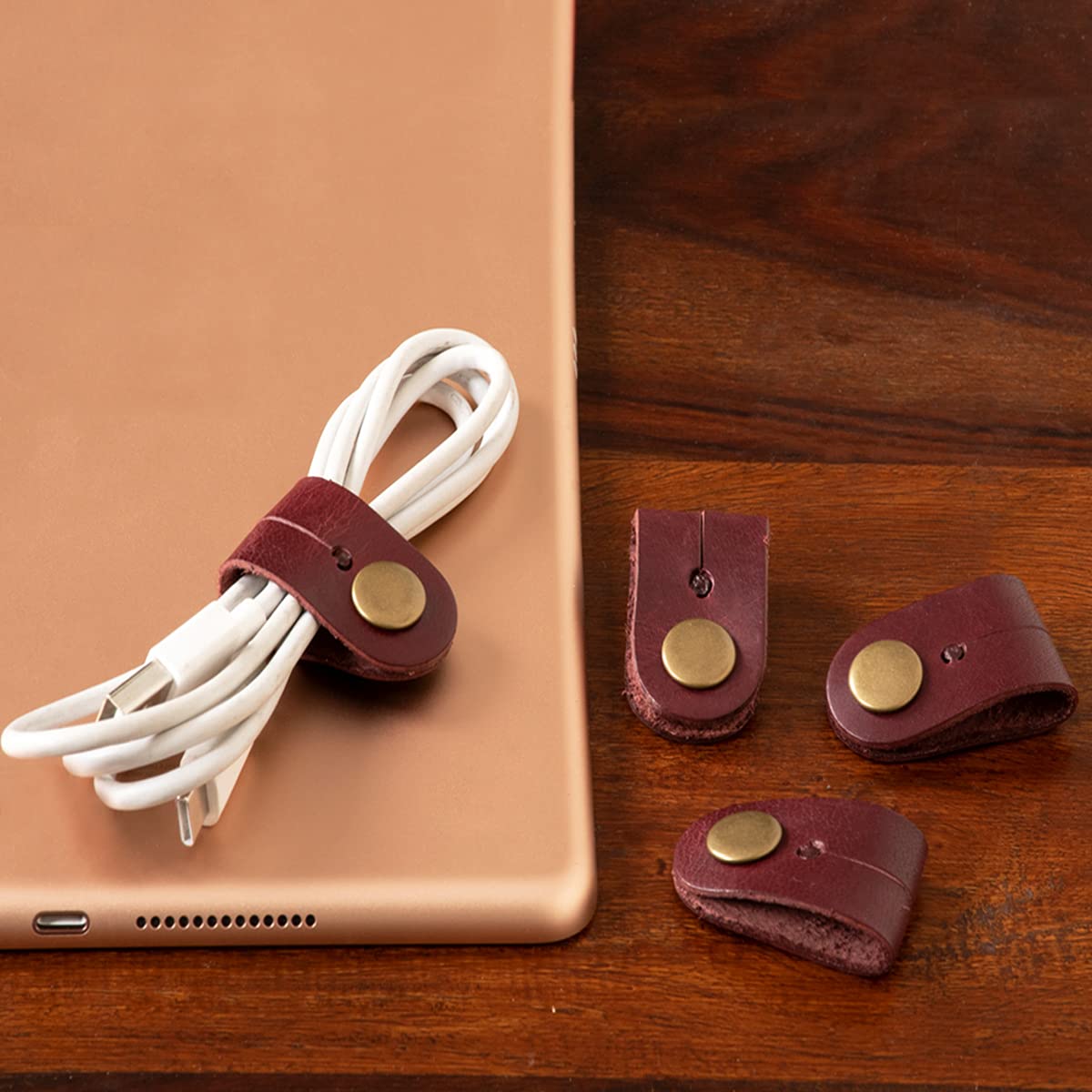 Cratly™ 4 Pcs Multipurpose Taco Cable Holder Clips Organizer/Cable Wire Holder/Made of Pure Leather Having Brass Button Made of Leather, Size Size : 3x1 (LXB) inch