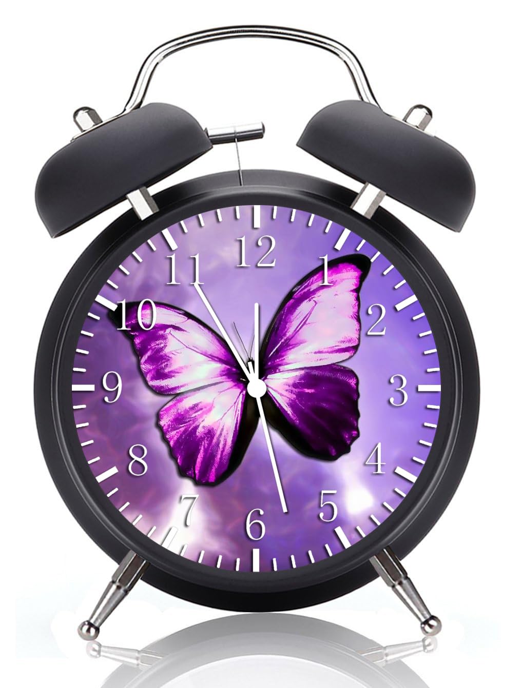 Purple Butterfly Butterflies Alarm Desk Clock Twin Bell with Night Light Quite Silent Non-Ticking 4 Inches Glass Face - Great Decor for Home or Office – Best Gift Ideas for Birthday or Holidays Y02