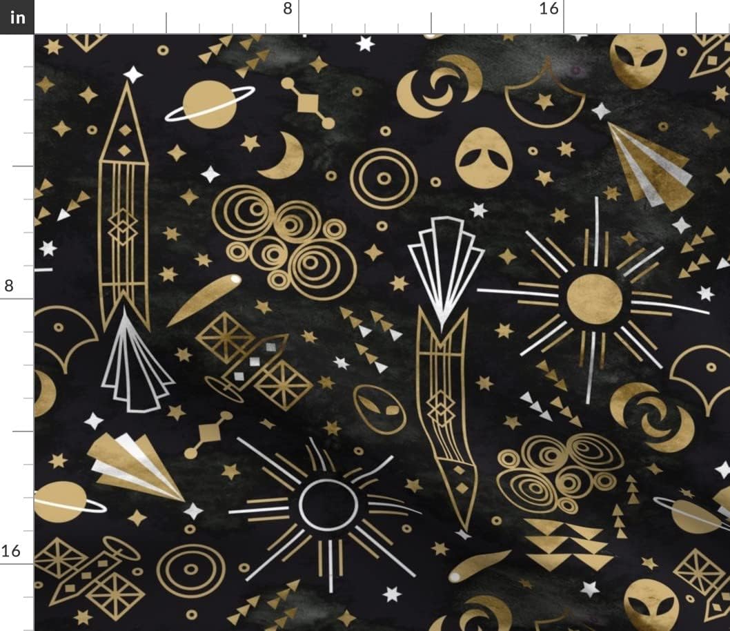 Spoonflower Fabric - Art Deco Outer Space Medium Scale Black White Stars Gold Printed on Petal Signature Cotton Fabric Fat Quarter - Sewing Quilting Apparel Crafts Decor