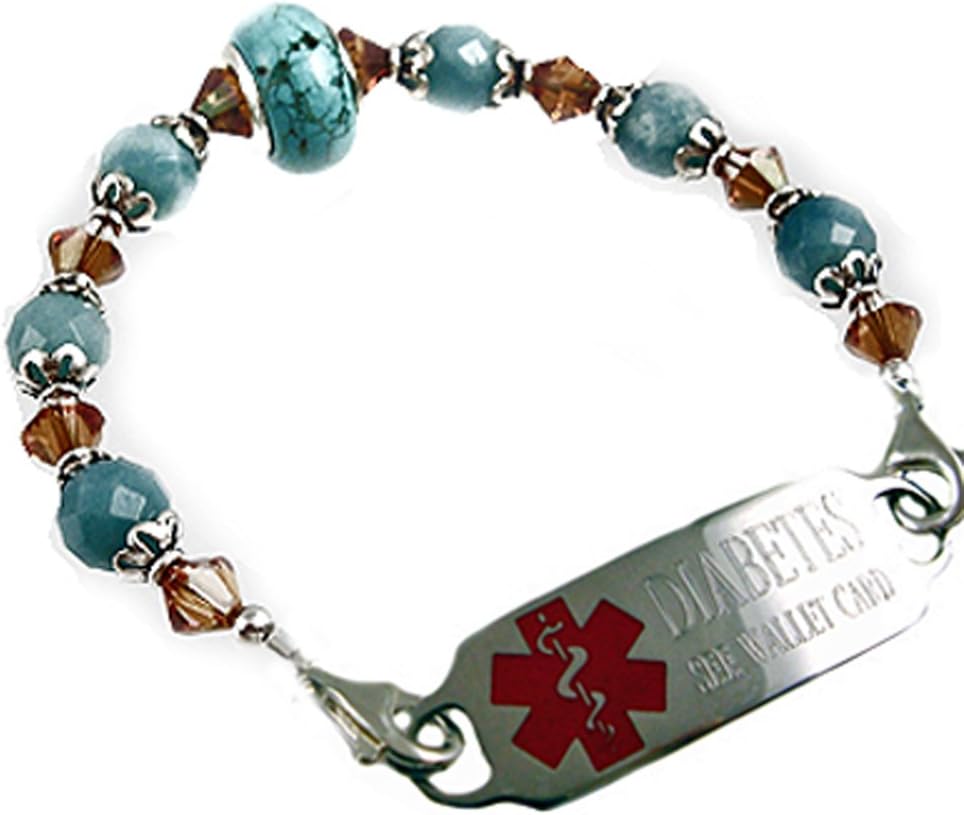 Women's Medical ID Alert Beaded Brazillian Sky Bracelet, FREE Traditional Etched Engraving