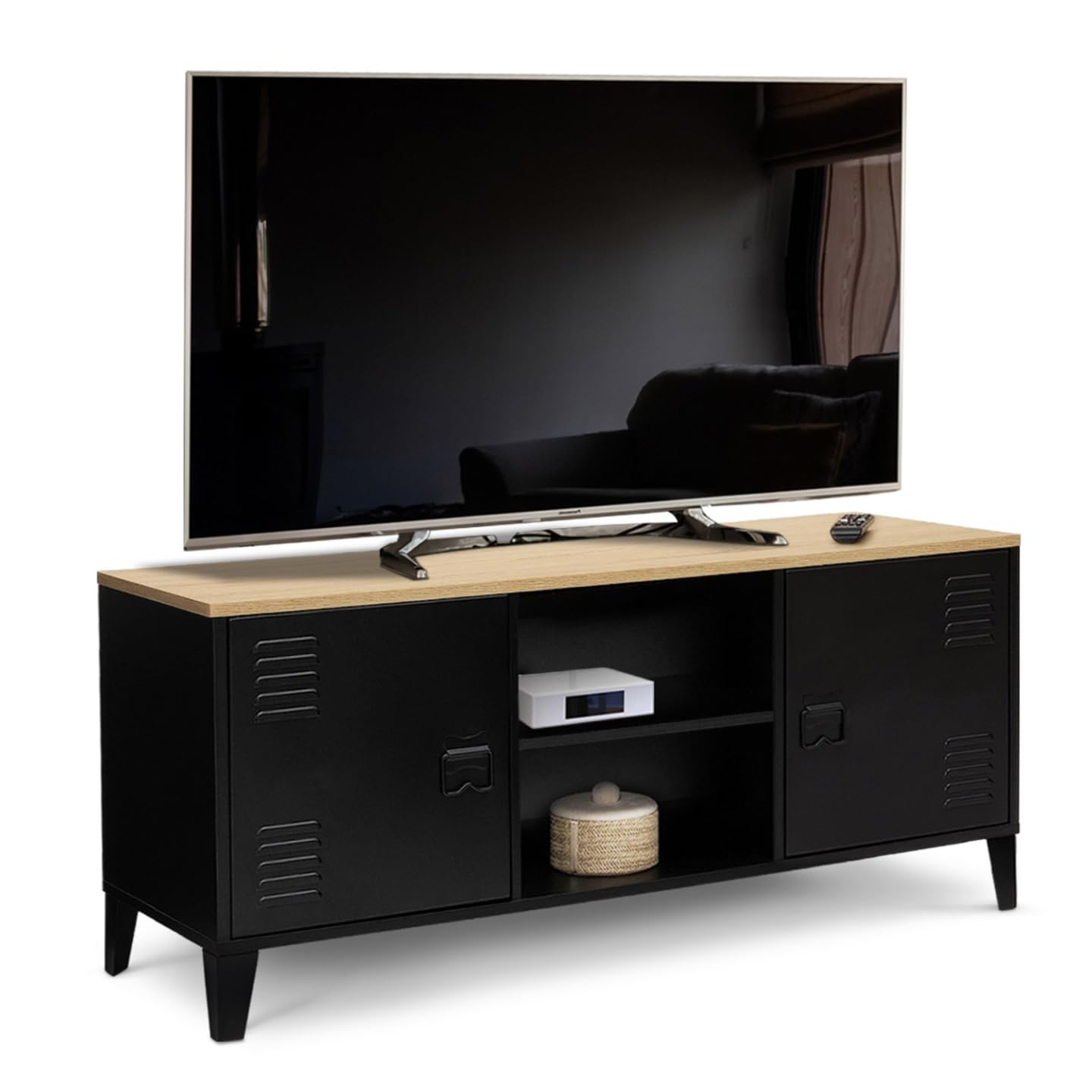 IDMarket - Meuble TV 113 cm Ester 2 Portes métal Noir et Plateau Bois Design Industriel