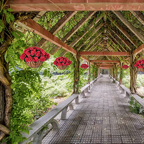 Zfprocess Artificial Flowers Hanging Basket With Begonia Silk Flowers For Outdoor/Indoor, Artificial Plants In Coco Coir Liner Basket Artificial Geranium Flowers For Patio Lawn Garden Decor(Red) #TOP1