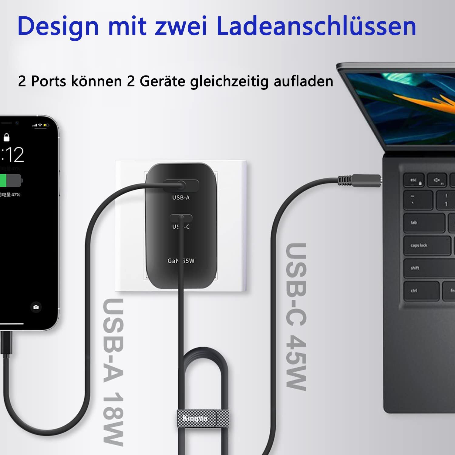 King Ma 65W USB C Alimentatore per Laptop Dell, Caricatore USB Multiplo Muro Caricatore GaN Tech con cavo di Ricarica PD Compatibile con Dell Inspiron14-7472 3501XPS12 XPS13 XPS15 M3800
