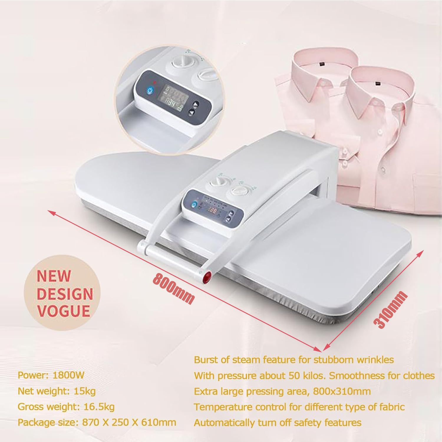 Large Steam Iron Press,Shirt Ironing Machine with LED Touch Screen,Intelligent Steam Press,with Multiple Fabric Settings and Steam Burst Function,80cm