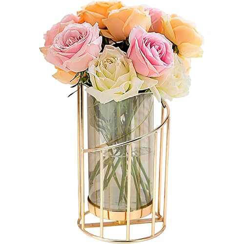 BYBOUS Glass Flower Vase with Metal Frame Modern Creative Geometric Gold Vase Decorative Vase Wedding Home Decoration or Office-Gold