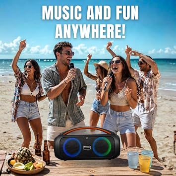 DYNASONIC D93 - Portable Bluetooth Speaker IPX7 Waterproof. Wireless Outdoor Speaker. Wireless Stereo. Powerful sound player with built-in LED lights. Micro-SD, USB