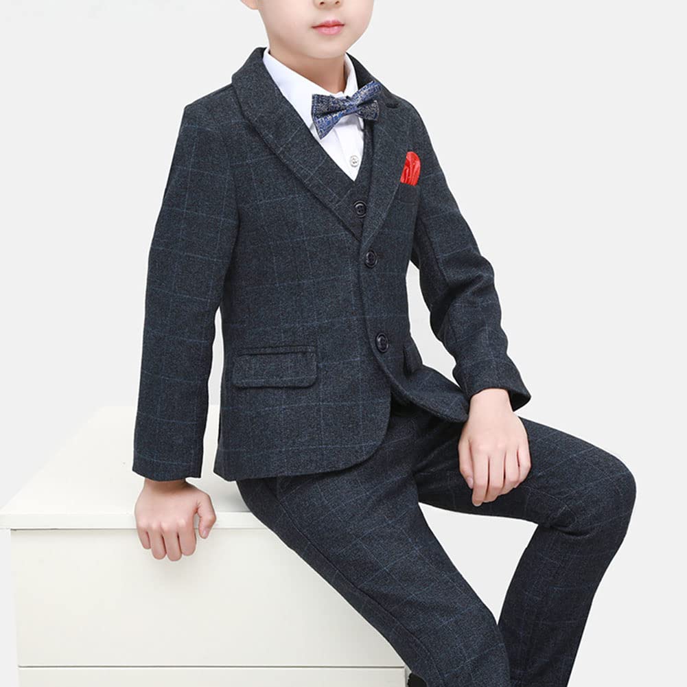 DAIHAN Traje Comunión de Tweed de niño Actuación Cumpleaños Fiesta de Bodas Traje de Fiesta de Esmoquin Pantalones de Chaqueta de Solapa con Pajarita Conjunto de Trajes de Bautizo de Caballero