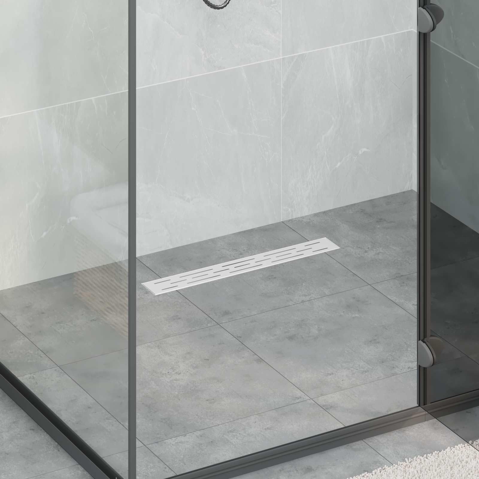 Duschabfluss aus Edelstahl 304 mit Glashülle, 360° Siphon und Linienabdeckung Silber 50 cm, höhenverstellbar 0-30 mm, fliesenfähig für Bad und Dusche
