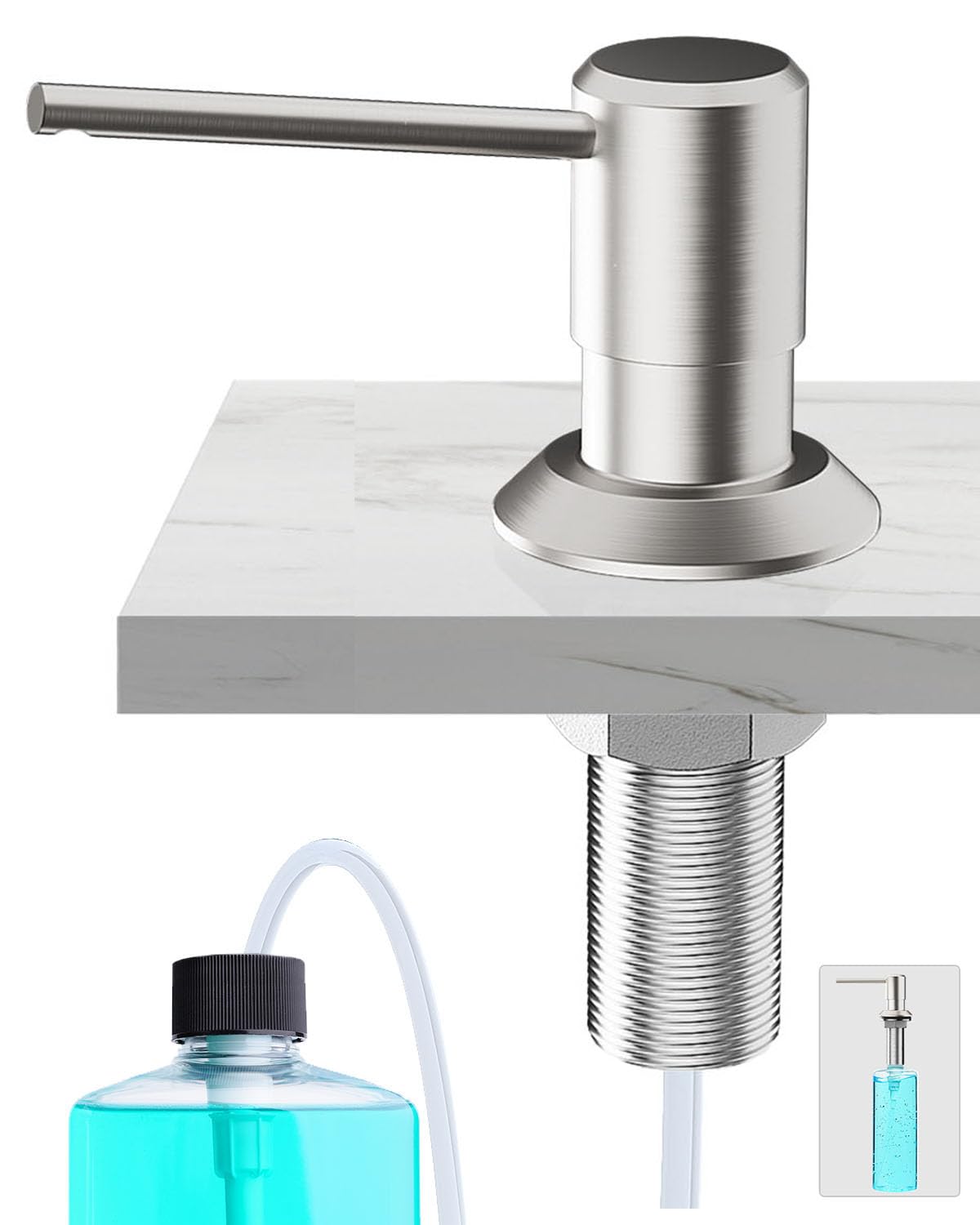 Poveta Dispensador de Jabón y Detergente para Fregadero, Bajo Encimera con Botella de 300ml y Manguera de 1,2 M, Cobre Cepillado