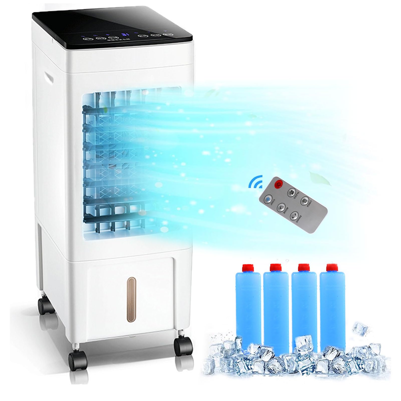 TDOO Evaporative Air Cooler, Portable Air Conditioner with 3 Wind Speeds & 8H Timer, 8L Water Tank, 4 Ice Packs, Remote & Touch Control, 3-IN-1 Air Conditioner for Small Room/Office/Bedroom, White