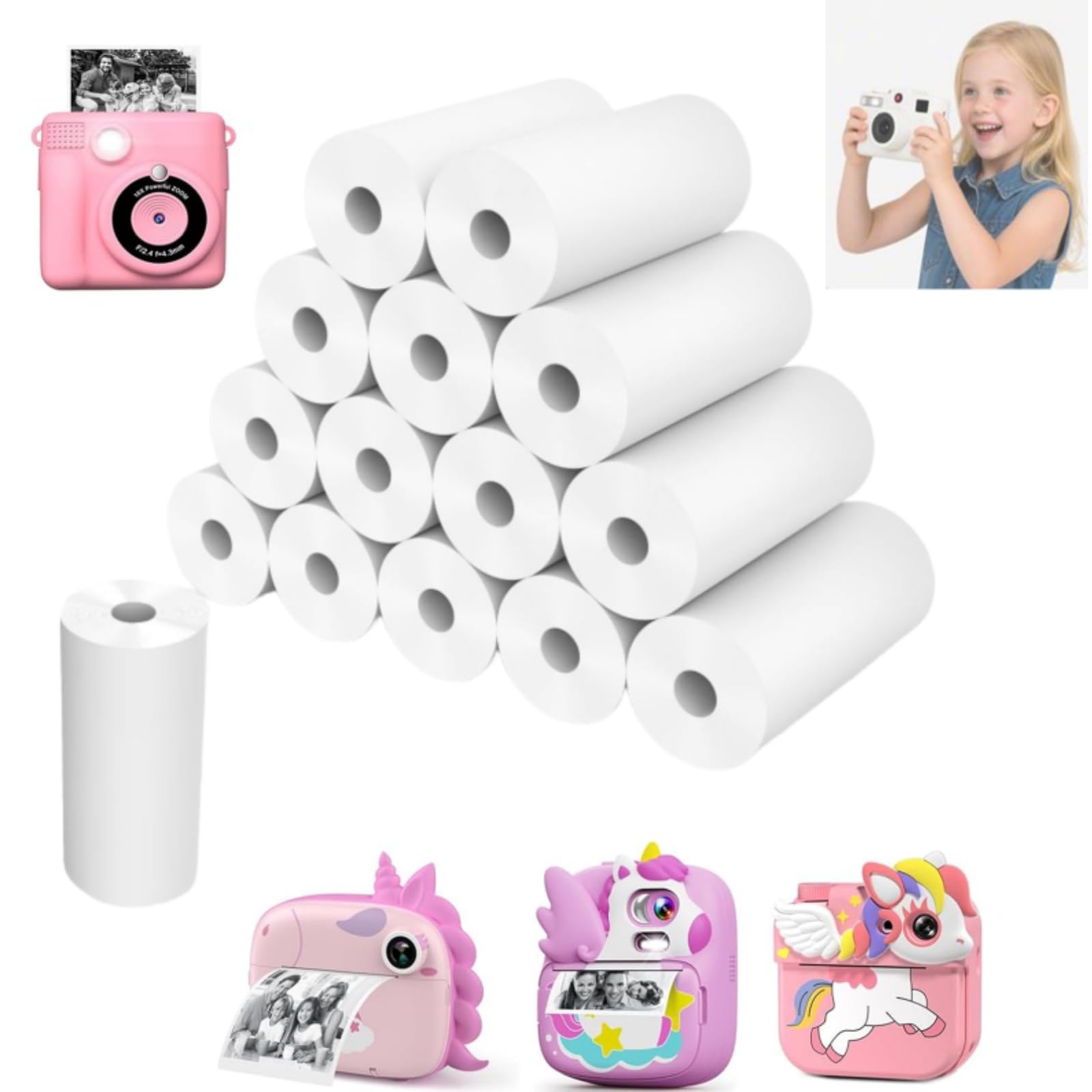 15 Rolls Kids Camera Paper Roll, 57 x 25 mm Thermal Paper, Zero Ink Printing, Easy to Replace, Thermal Printer Paper, BPA-Free Refill Paper Compatible with Mini and Kids Printers (15)