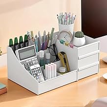 GROFFY Plastic Desk Organizer with Drawer - Multifunctional 7-Compartment Storage Shelf for Office/School,Stationery Organizer with 2 Drawers (Dark White)