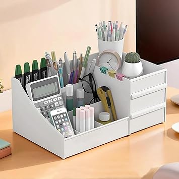 GROFFY Plastic Desk Organizer with Drawer - Multifunctional 7-Compartment Storage Shelf for Office/School,Stationery Organizer with 2 Drawers (Dark White) - image, photos