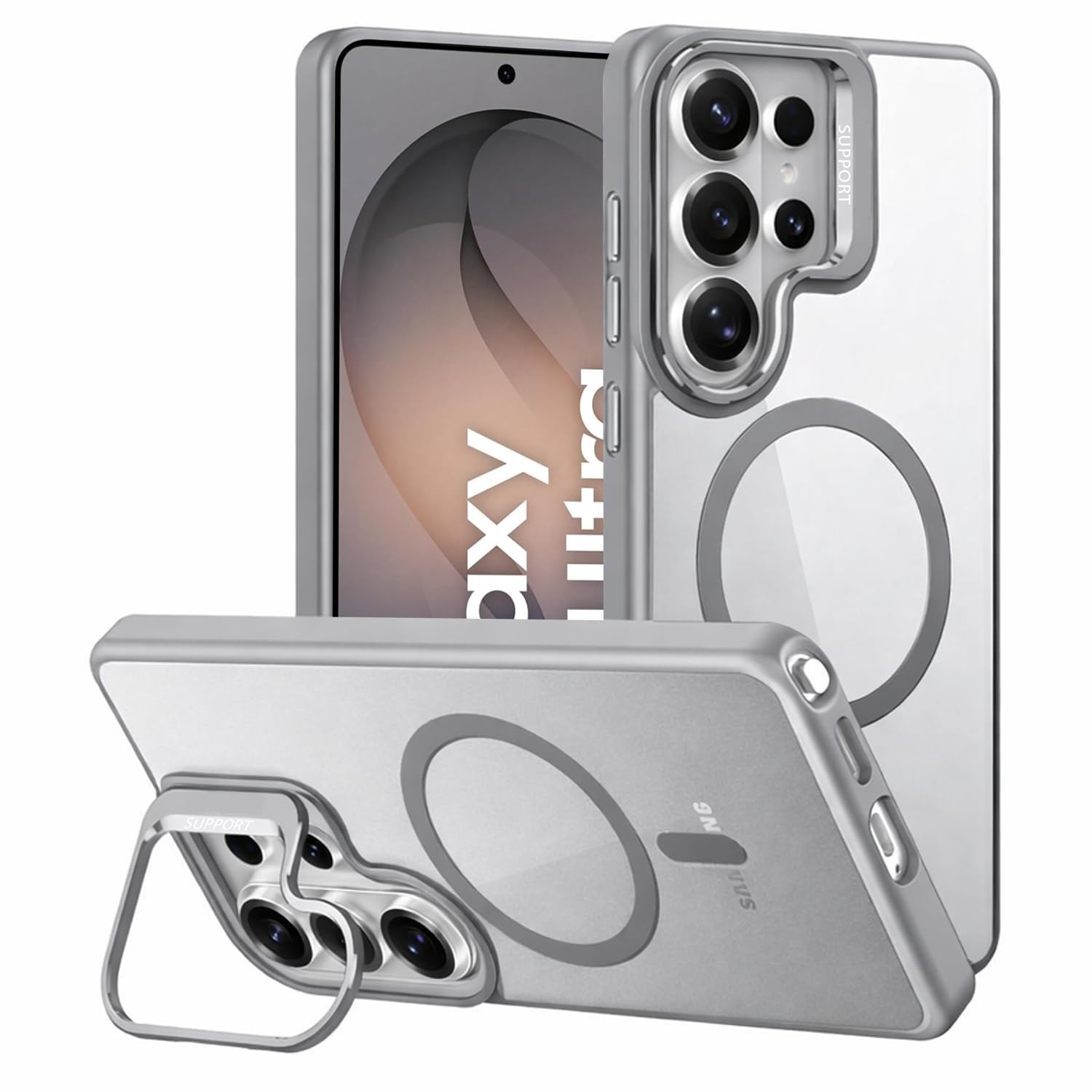 VONZEE Compatible for Samsung S26 Ultra 5G Case, Compatible with MagSafe, Military-Grade Protective Case, Built-in Stash Stand Phone Case, Scratch-Resistant Back Cover, Classic Series|Clear Grey-image-27