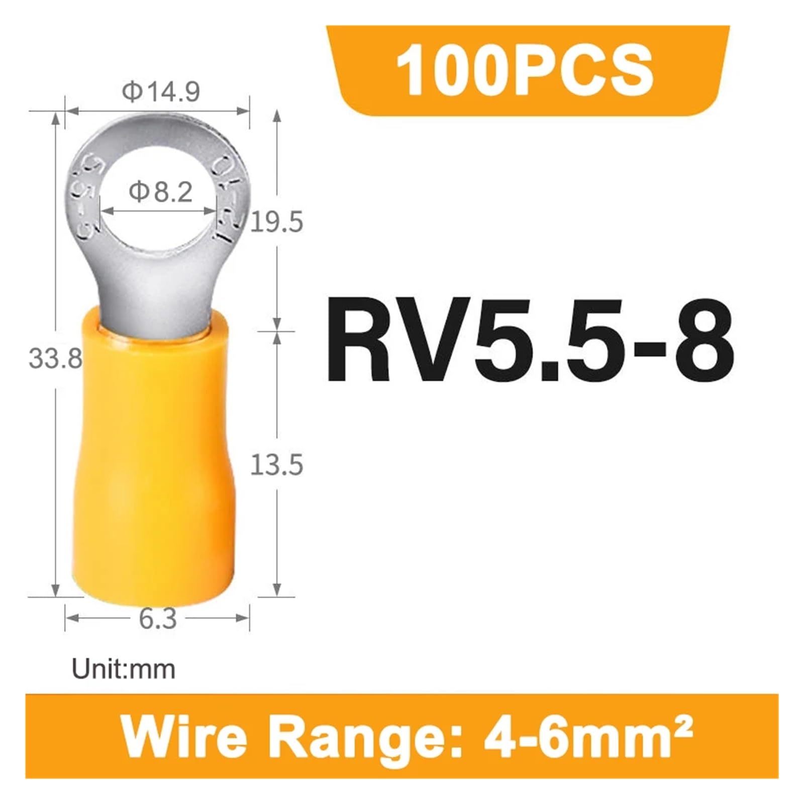 Terminal de crimpado eléctrico, Kit de Conector de Terminal de crimpado Aislado, Paquete de 10, 50, 100 Piezas RV1.25/2/5.5 22-10AWG 0.5-6mm2(RV5.5-8,100pcs)