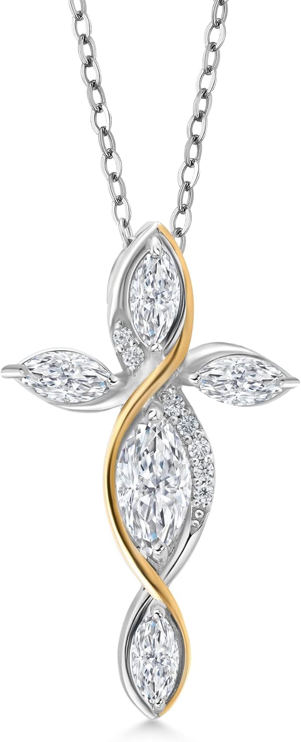 Cross Necklace For Women | 925 Silver and 10K Yellow Gold | White Moissanite Pendant Necklace For Women| 1.31 Cttw | Jesus Christian Religious Crucifix | Marquise 8X4MM | With 18 Inch Chain