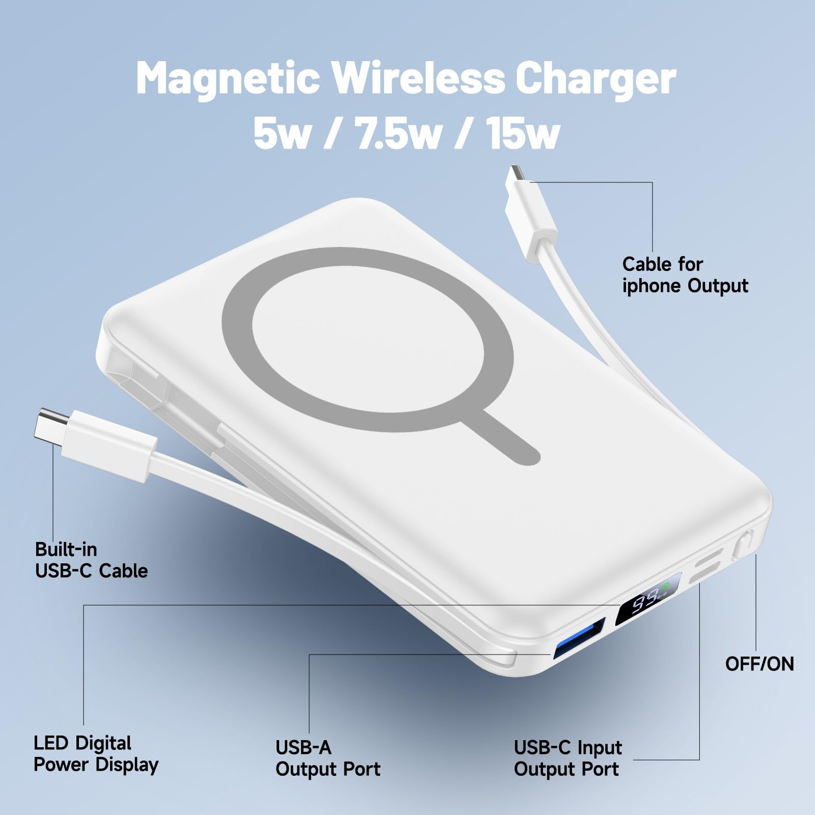 para Magsafe Power Bank, 10000mAh Magnético Bateria Externa Carga Rapida, Inalámbrico Bateria Portátil Powerbank con USB-C y Pantalla LED para iPhone 17/16/15/14/13/12 Serie (Blanco)