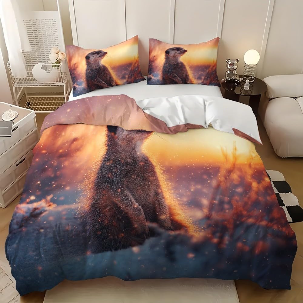 Nastolatki Dzieci 3-częściowa poszwa na kołdrę 240x220 cm Surykat Śnieg Zwierzęta Mikrofibra Łatwa pielęgnacja Niegniotący Pomarańczowo-Czerwony Zestaw pościeli Przynieś 2 poszewki na poduszki 65x65