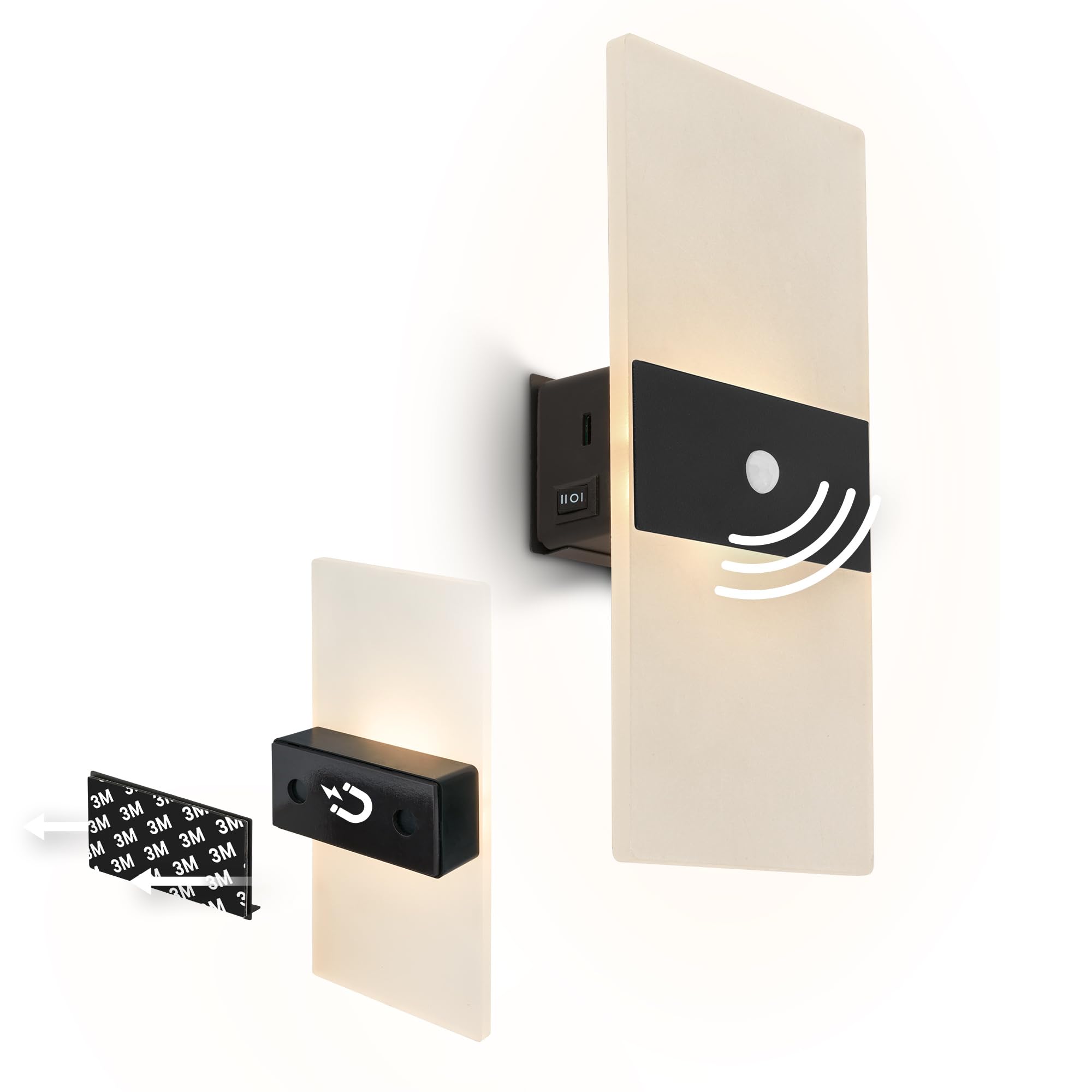 BRILONER Sticklights - LED Wandleuchte ohne Stromanschluss und ohne Bohren mit Bewegungsmelder, Akku, magnetisch abnehmbar, Wandlampe zum Kleben, Leselampe, Flurlampe, 22x4x10 cm, Schwarz