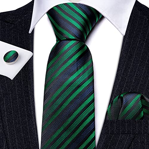 Image of Barry.Wang Man Stripe Ties Set Silk Woven Pocket Square Necktie Cufflinks Formal Party Business
