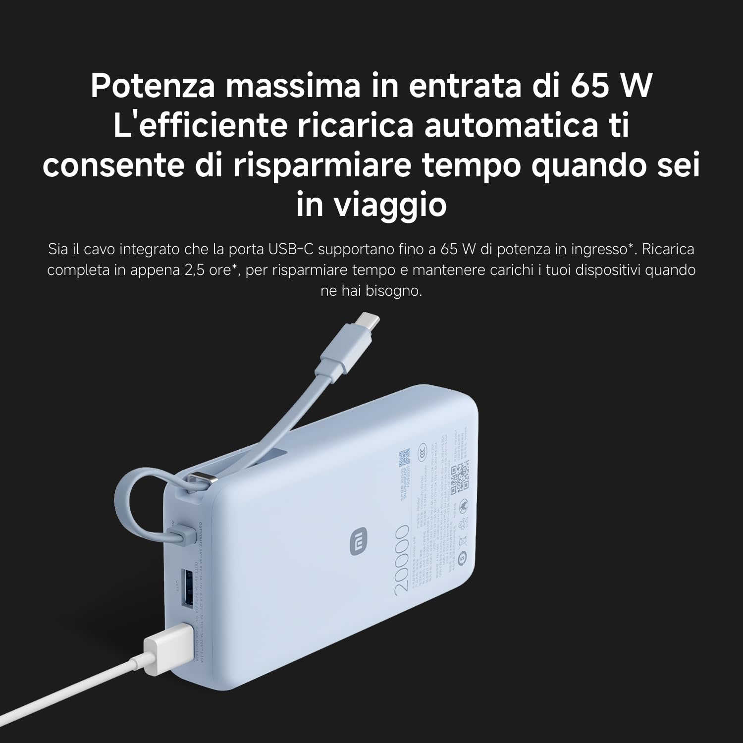 Xiaomi 67W Power Bank 20000mAh, Caricatore Portatile USB-C, Carica Rapida | Ricarica rapida 67W, 20000mAh, cavo USB-C integrato. Ricarica bidirezionale — alimenta 3 dispositivi insieme.