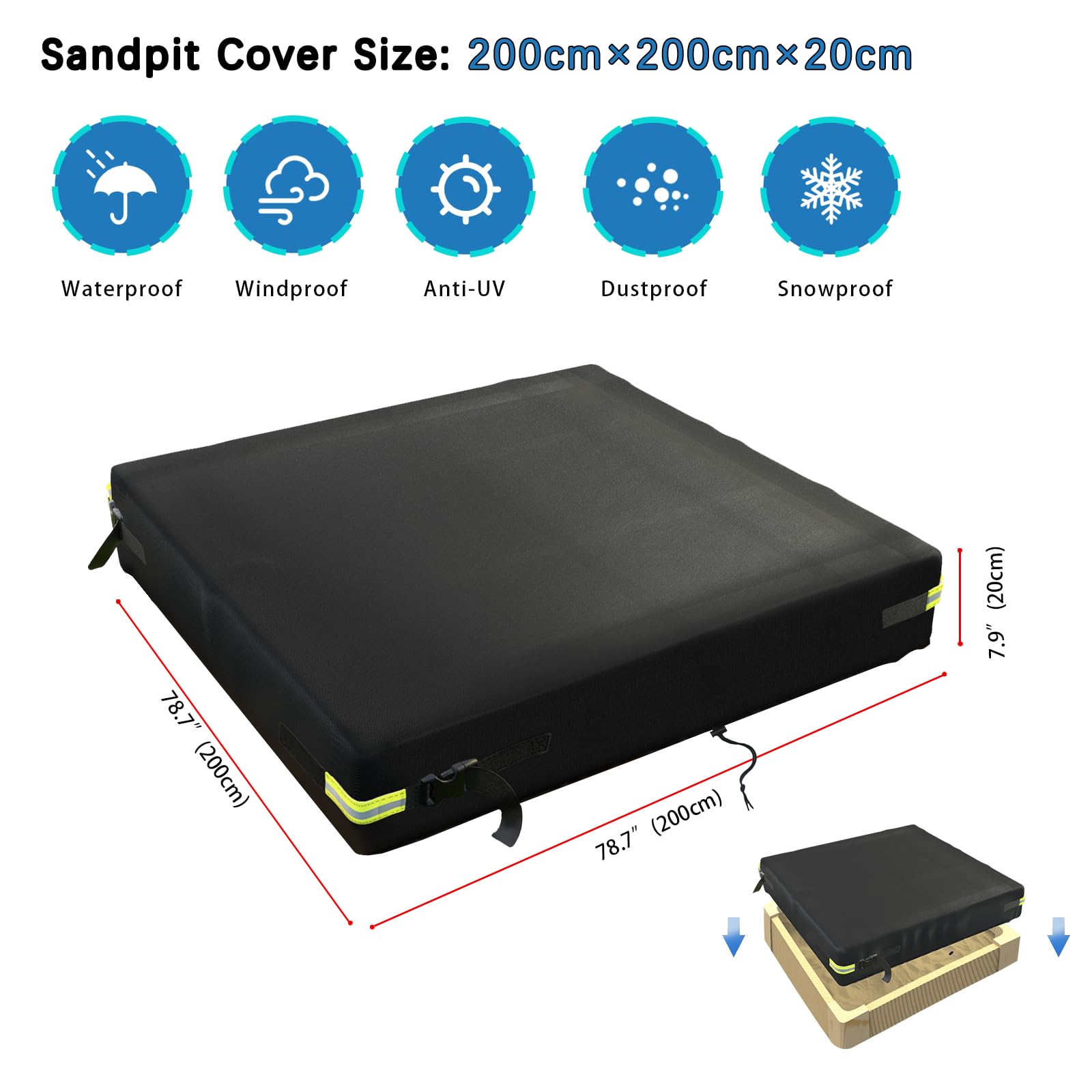 UQXSTAR Sandbox Cover 200x200x20cm Sand Pit with Lid Waterproof 600D Oxford Fabric PVC Coating Rainproof Anti-UV Heavy Duty Square Pool Cover for Outdoor Protect Kids Sandbox Sand and Toys - Image 2