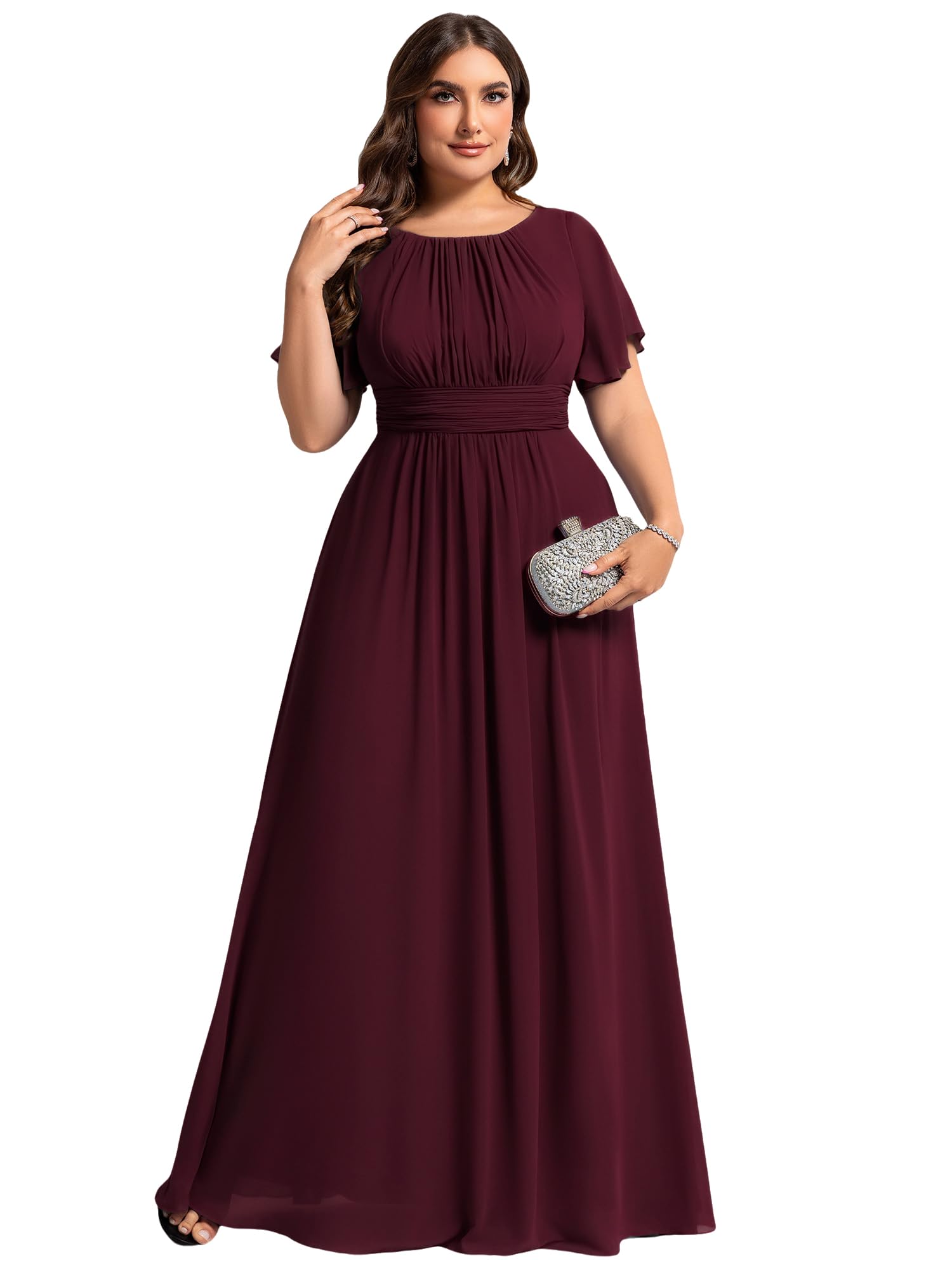Ever-Pretty Plus Elegant Formal Dresses for Curvy Women Round Neck Short Sleeves Chiffon Bridesmaid Mother of The Bride Dress
