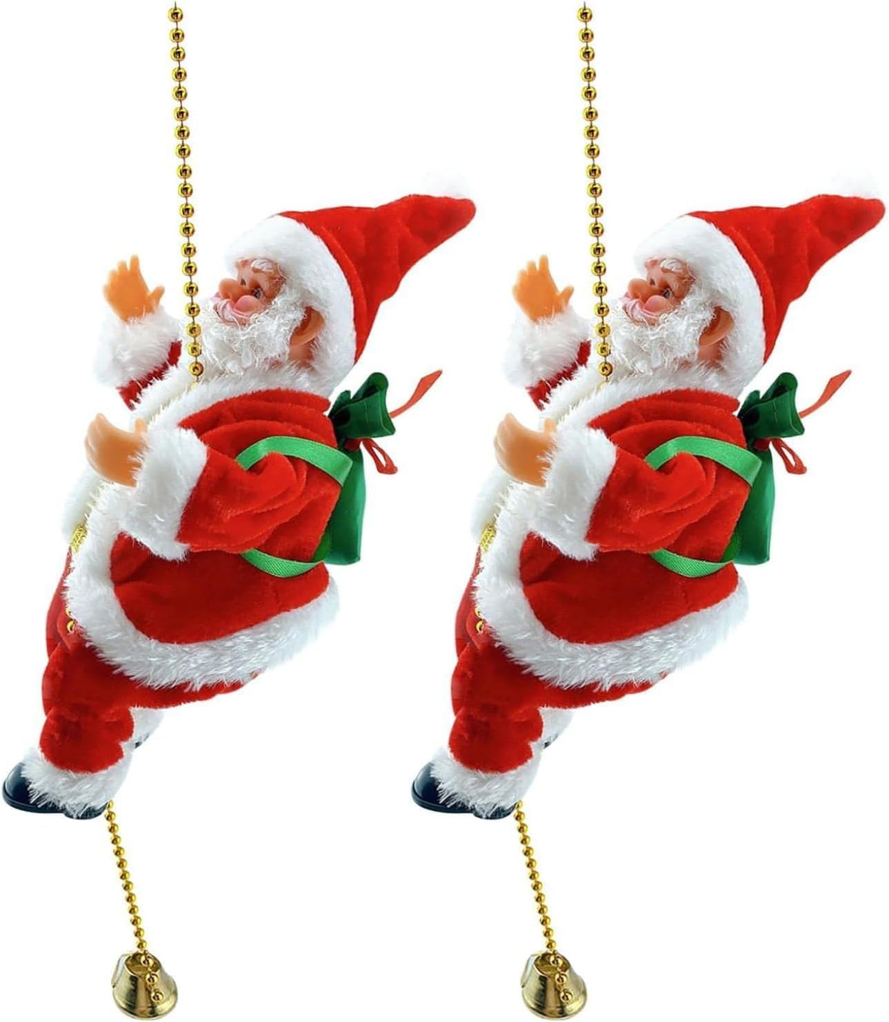 Climbing Santa with Rope, Climbing Santa Claus on Ladder Climbs Up and Down with Light Music Sound, Christmas Ornament for Xmas Tree Fireplace Home Décor (2 pcs)