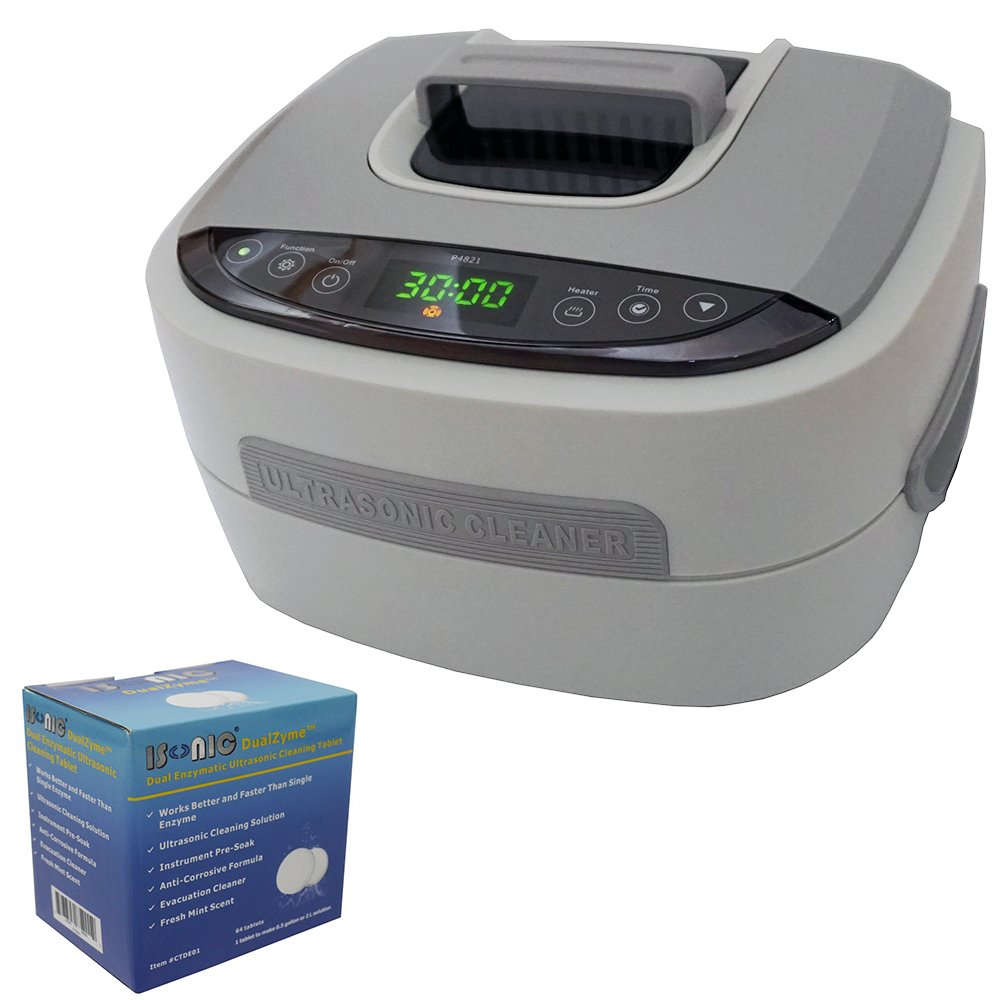 iSonic P4821+CTDE01 Ultrasonic Dental Instrument Cleaner for Hygienist's Cassettes with Plastic Basket and 1 Box of Dual Enzymatic Cleaning Tablet, 2.6 Quart/2.5 L, 110V, Beige