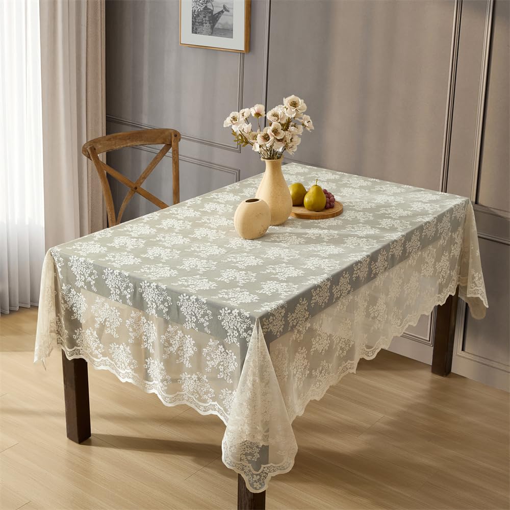 HLC.ME Jolene - Mantel de Tela de Encaje Floral para mesas rectangulares, Resistente a Las Arrugas, Mantel Festoneado Estampado (60 Pulgadas de Ancho x 104 Pulgadas de Largo, Lino Gris Pardo)