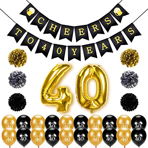 Konsait 40th Birthday Decoration, Cheers to 40 Birthday Banner, Number 40 Foil Balloons Large, Hello 40 Birthday Balloons, Black and Gold, Tissue Paper Pom Poms for 40 Years Old Party Favors Supplies