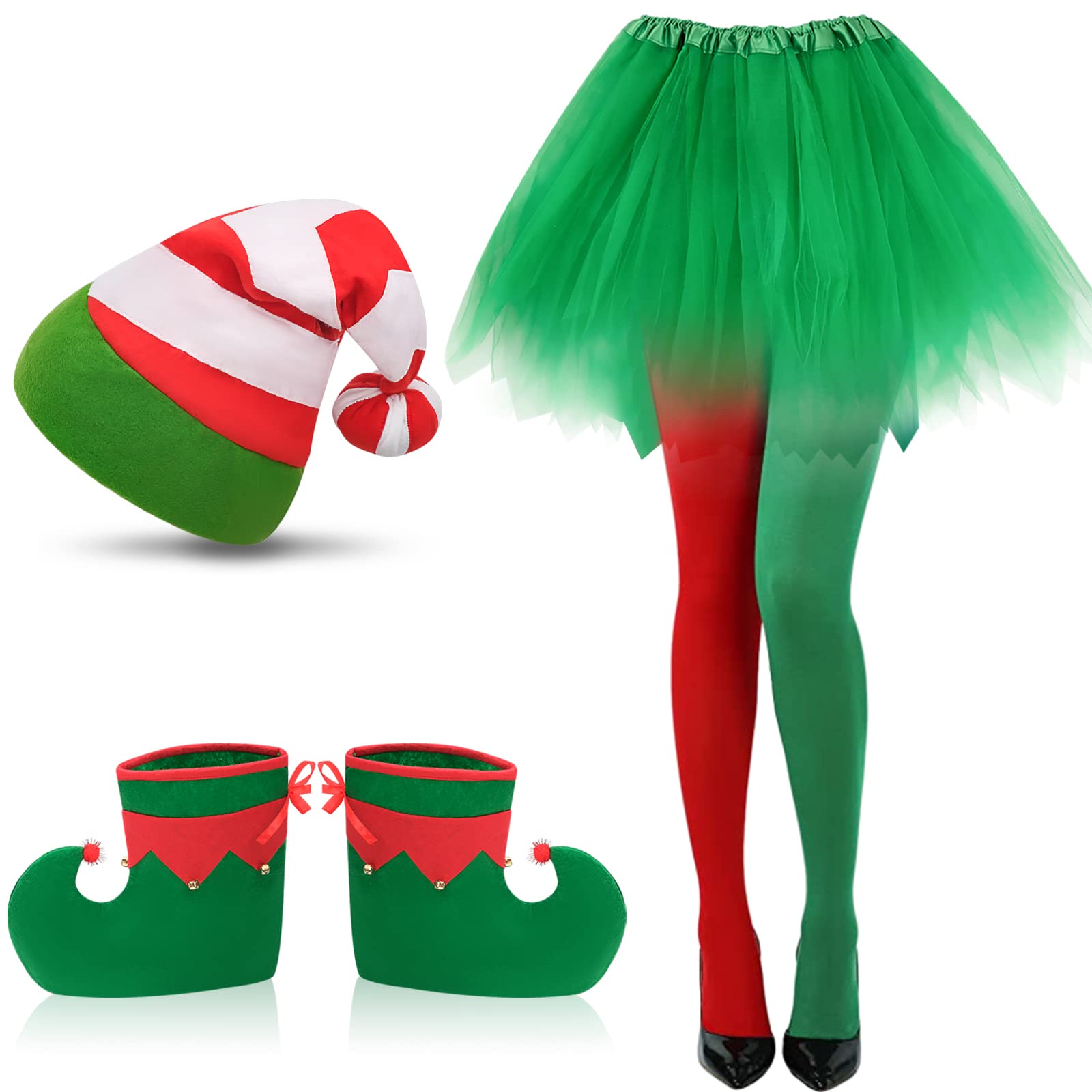 Dearlan 4 Pieces Christmas Elf Costumes Set Santa Hat Elf Shoes Covers Long Striped Socks Stockings Elastic Elf Tutu Xmas Gifts Party Cosplay Role Outfits Accessories for Adult Girls and Boys