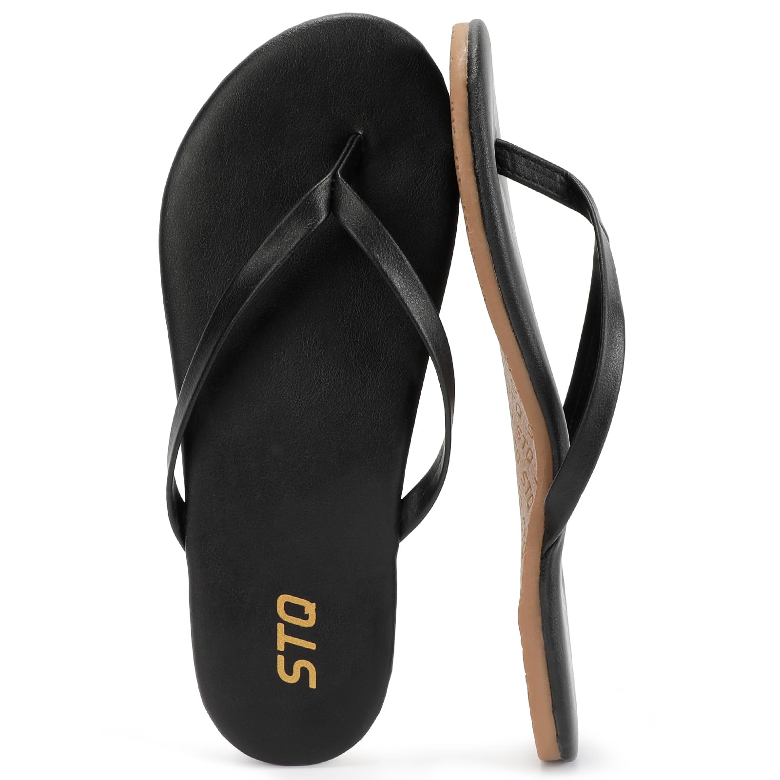 STQ Womens Flip Flops with Arch Support Comfortable Vegan Leather Flat Thong Sandals for Travel City Walk Events